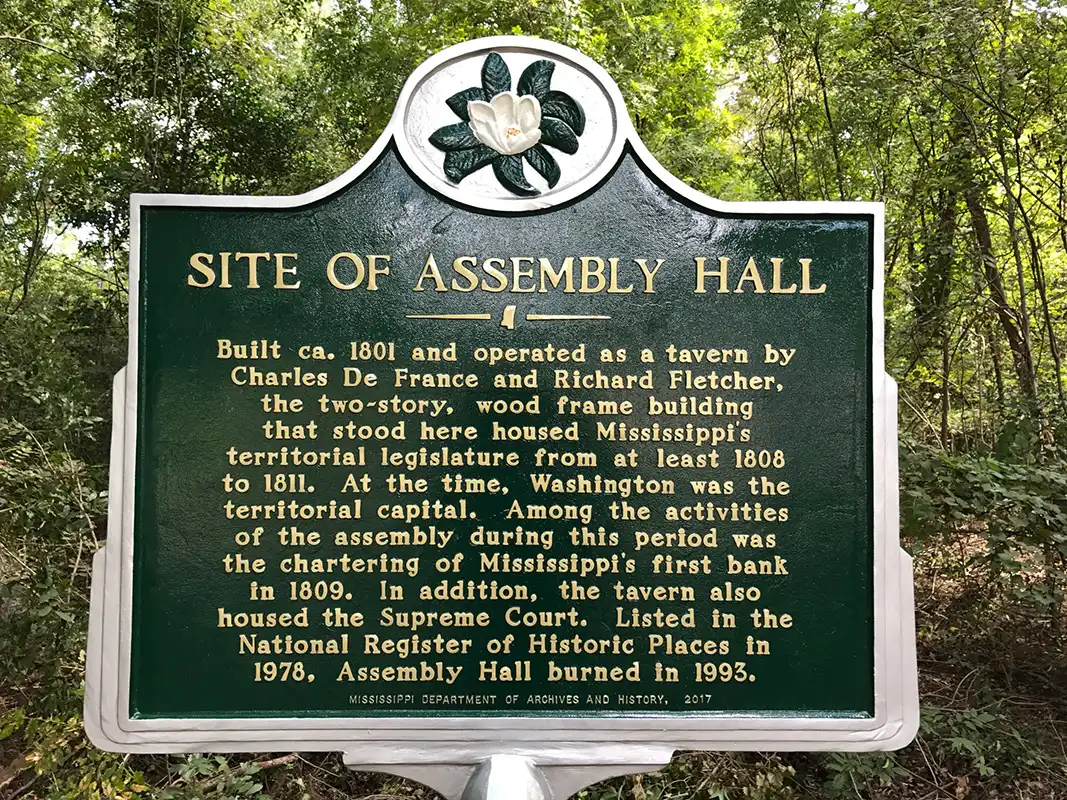 The Site of Assembly Hall is at the corner of Highway 61 and Assembly Street in Washington (near Historic Jefferson College), north of Natchez.