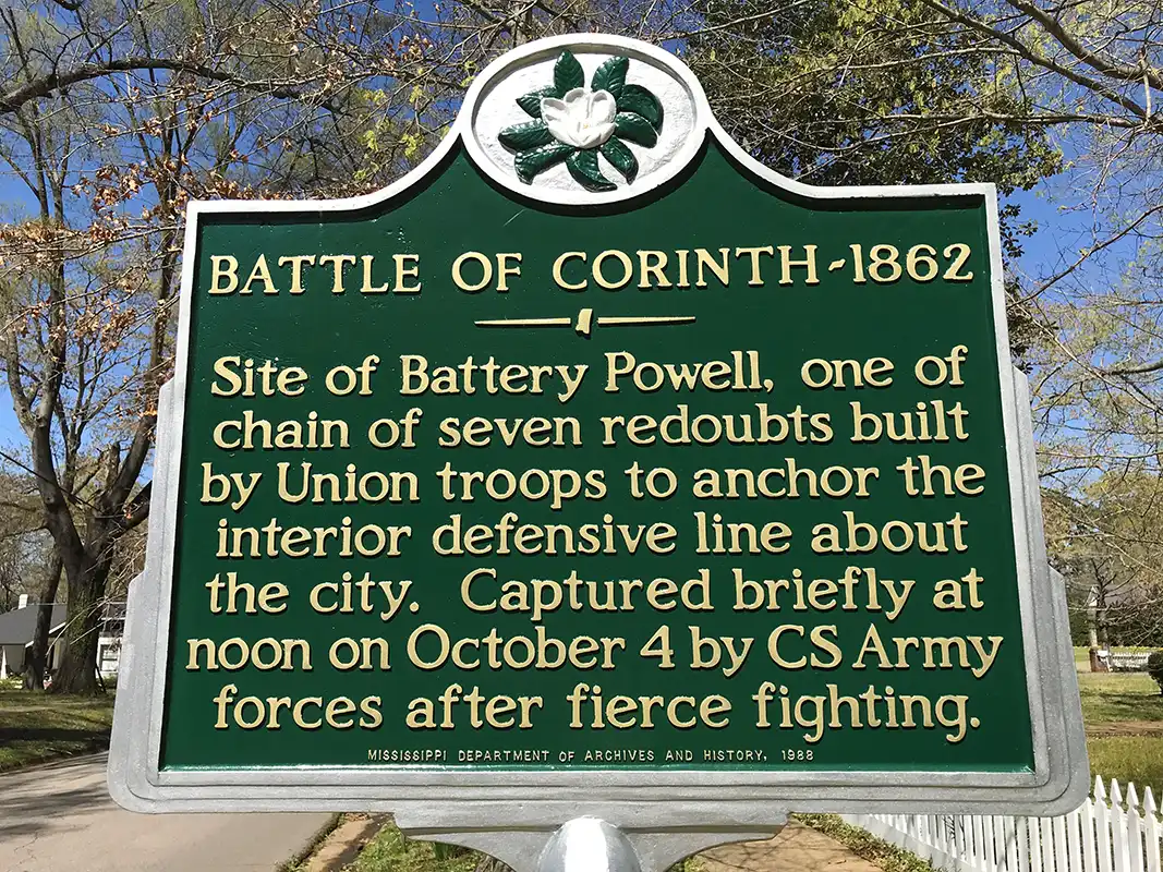 This marker for the Battle of Corinth is on Taylor Street, near intersection with 4th Street, in Corinth.