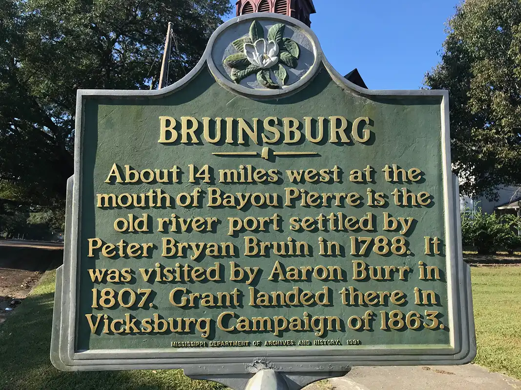 This marker for Bruinsburg is on Church Street (Highway 61) in Port Gibson.