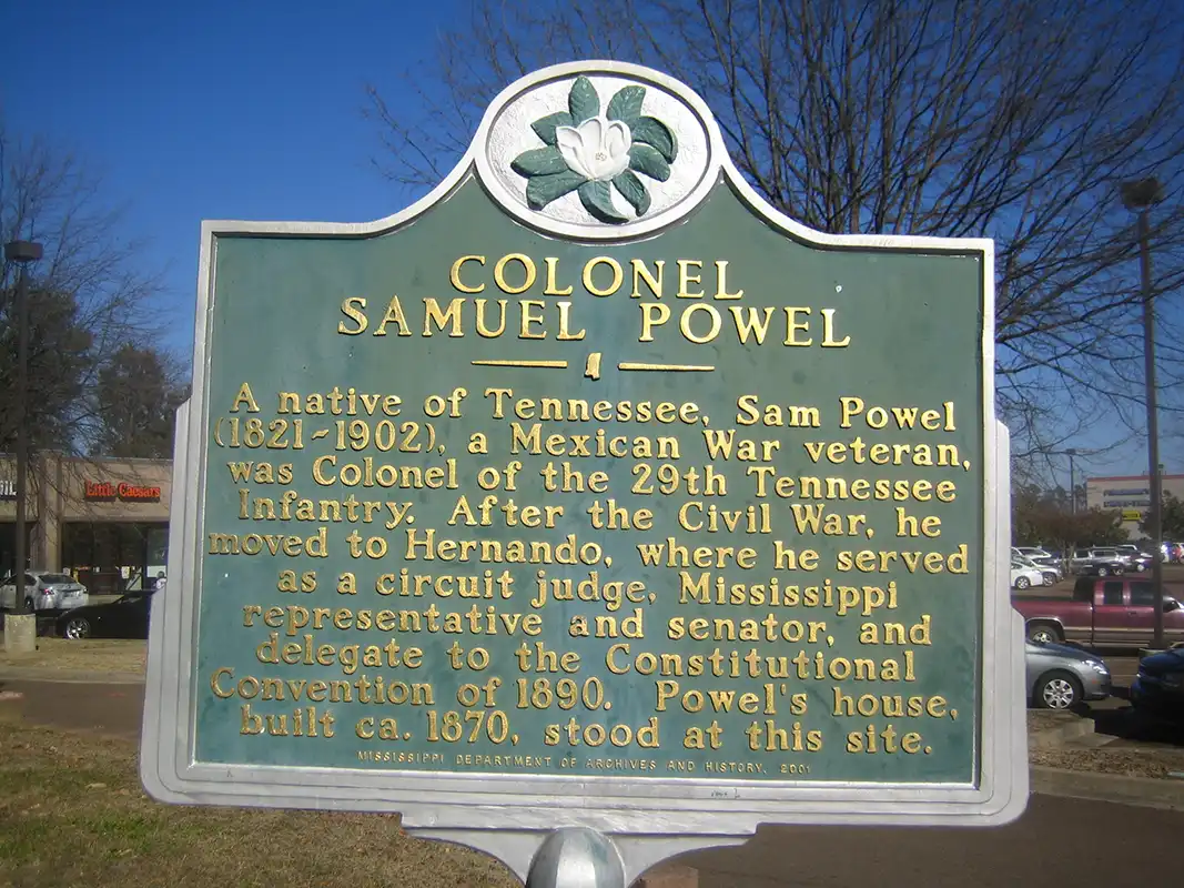 This marker for Colonel Samuel Powel is in front of Kroger in Hernando, just off Mt. Pleasant Road.