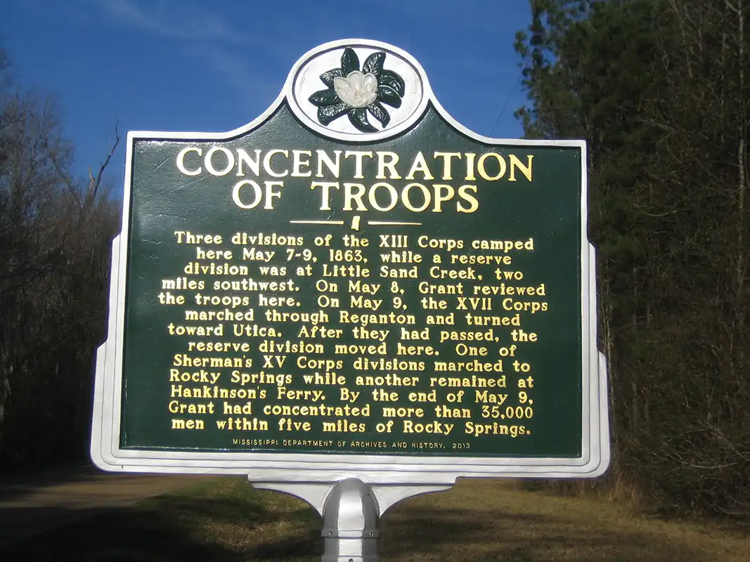 This marker, Concentration of Troops, is at Old Port Gibson Road at Big Sand Creek, a mile northeast of Midway Road.
