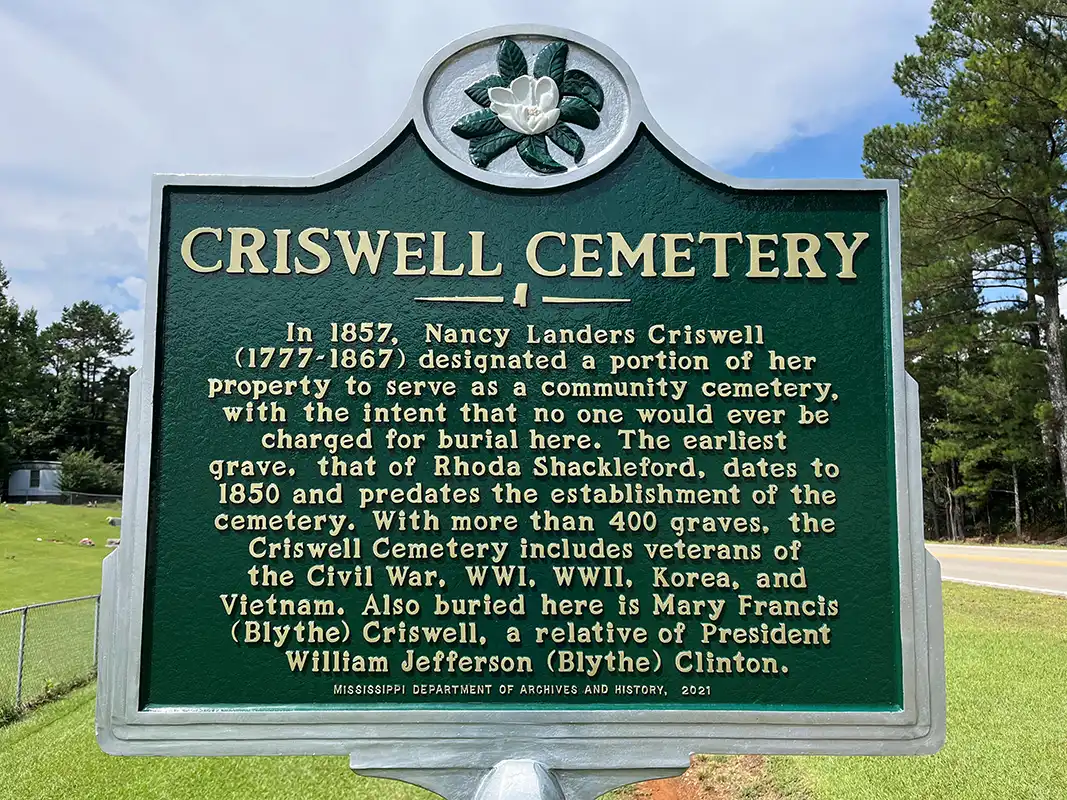 Criswell Cemetery is at Turners Chapel Baptist Church at 17820 Highway 4 in Dumas (east of Ripley).