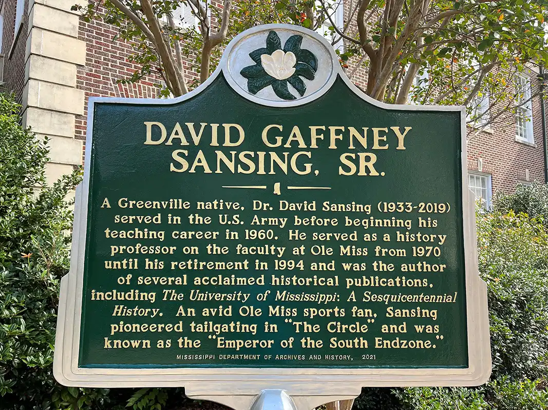 The marker for David Gaffney Sansing Jr. is in front of Bondurant Hall on campus.