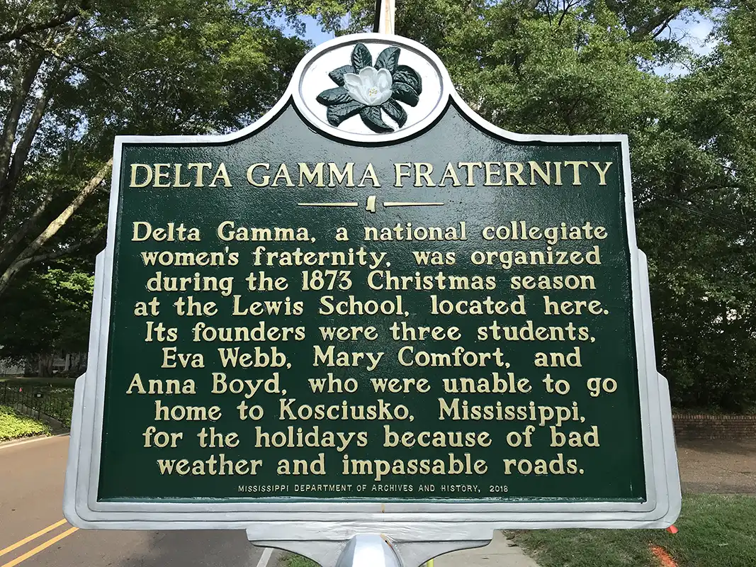 This marker is on University Avenue at the intersection with 9th St. in Oxford. Delta Gamma Fraternity is a sorority.