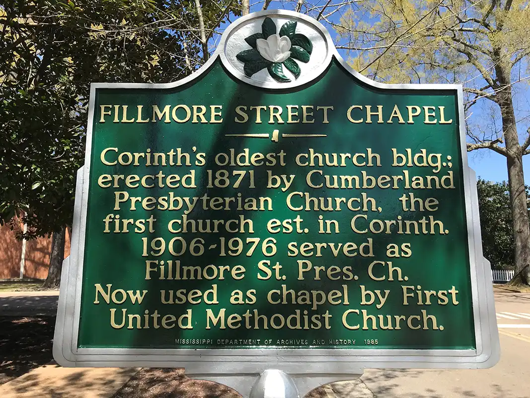The Fillmore Street Chapel is at 901 N. Fillmore Street, across the street from Johnston's Headquarters in downtown Corinth.