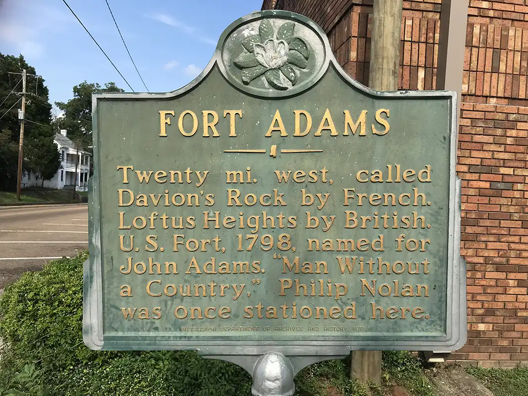 This marker for Fort Adams is on the Woodville town square.