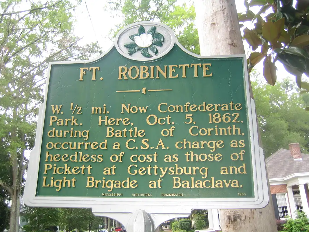 The Ft. Robinette marker is in a neighborhood near downtown at 501 W. Linden St. in Corinth, at the intersection of N. Fillmore Street and Linden Street.