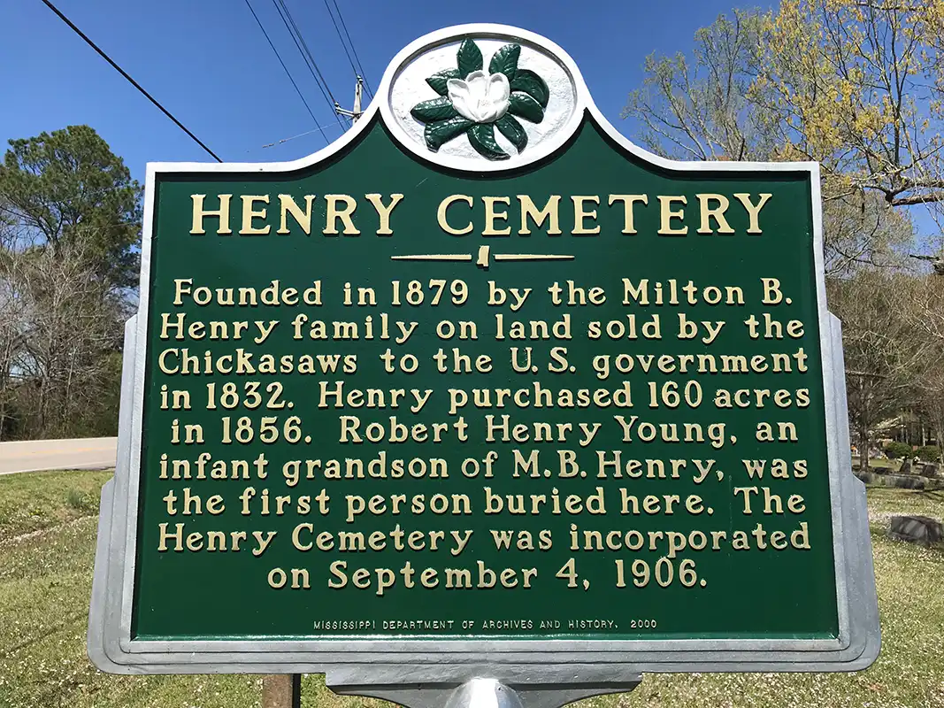 The Henry Cemetery is on 3042 Polk Street in northern Corinth, at intersection of N. Polk St. and Woodlawn Drive.