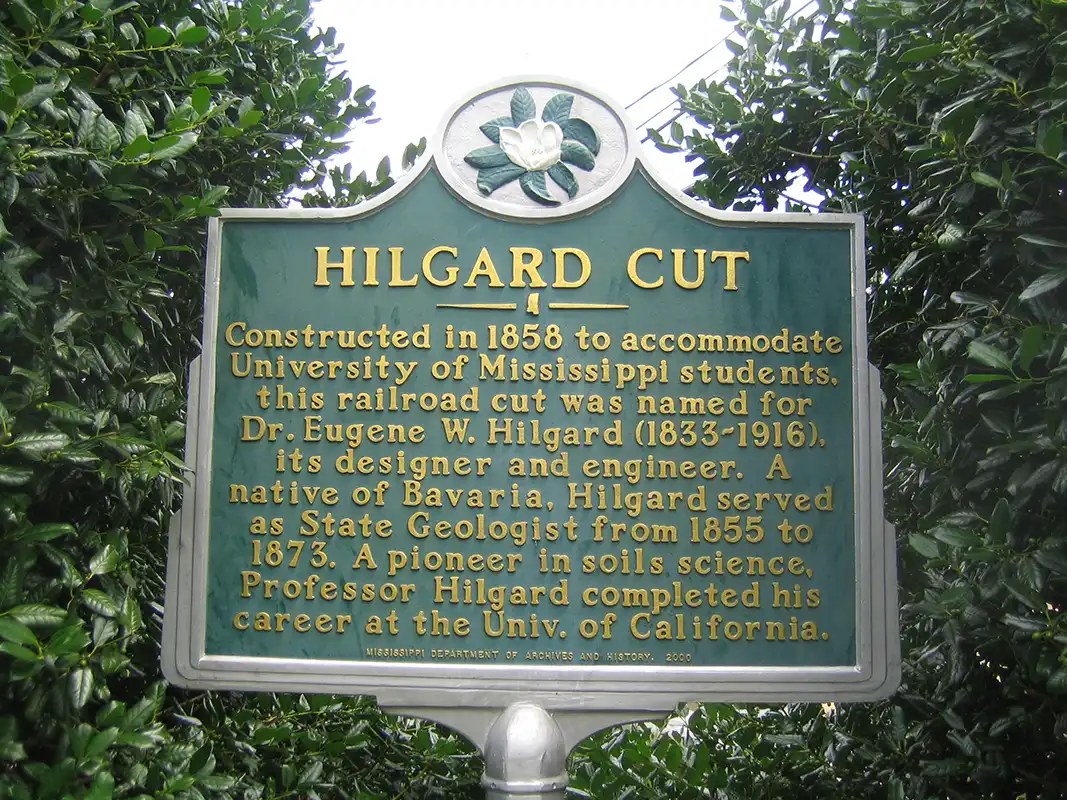 This marker for Hilgard Cut is at the entrance to the Ole Miss campus on University Avenue.