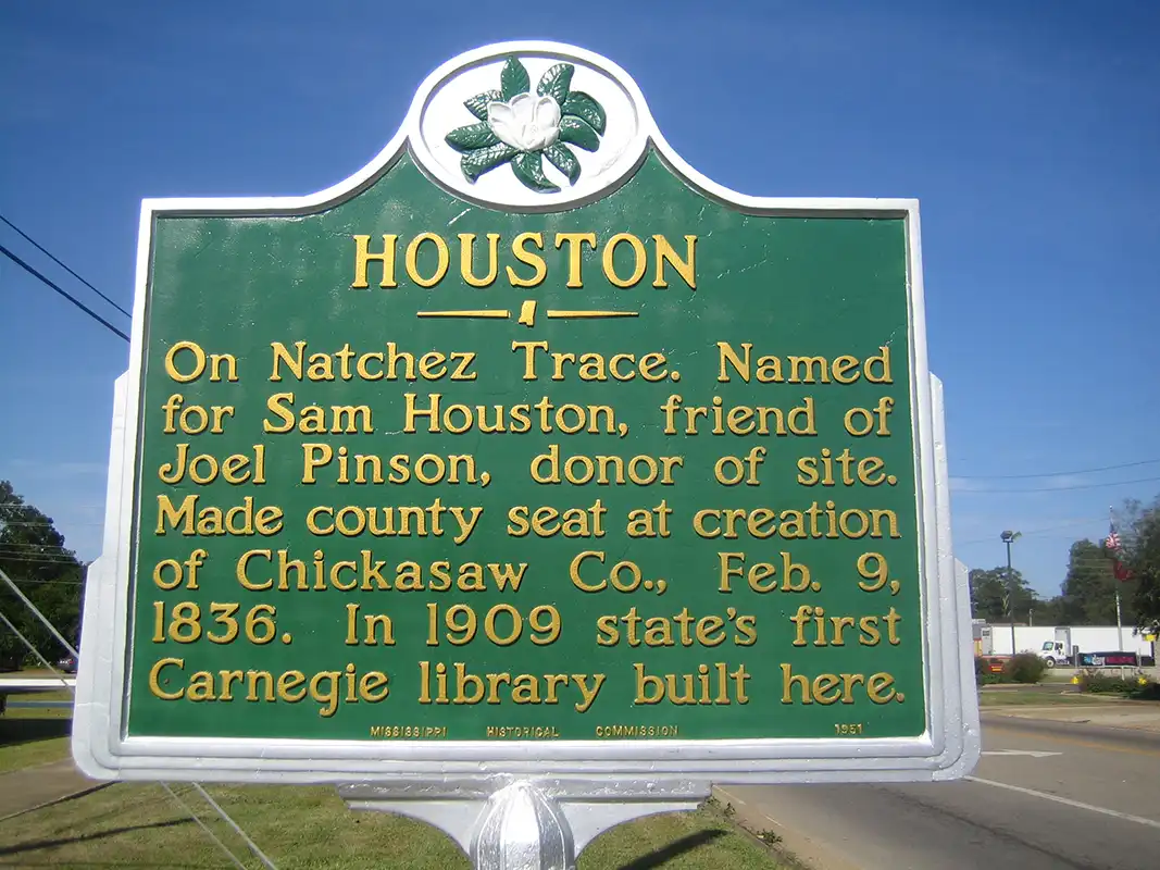 This Houston marker has been restored. It is at the corner of N. Jackson St. and Hamilton St., across from the First Methodist Church in Houston.