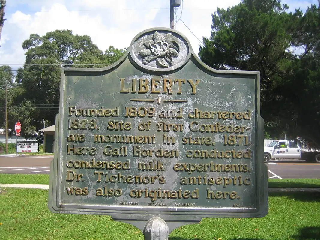 This marker is on the courthouse lawn in Liberty.