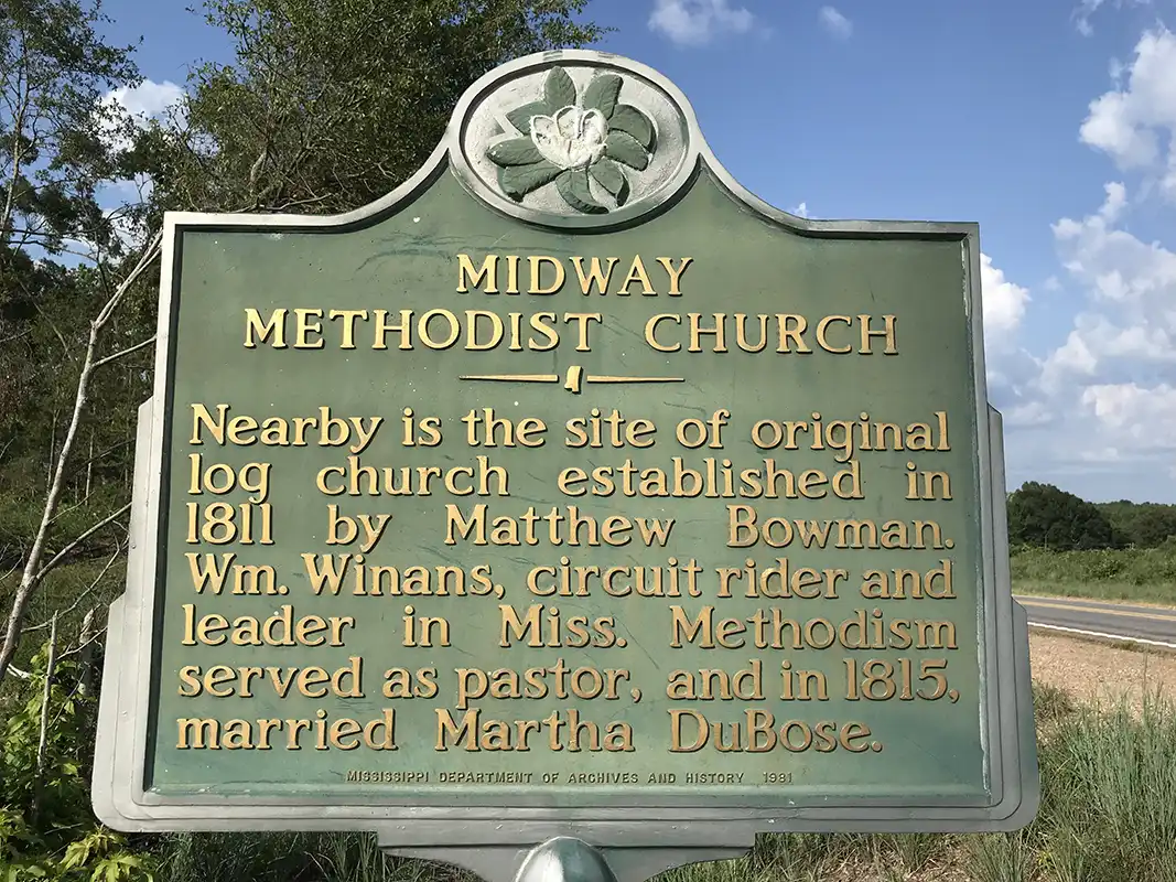 This marker for Midway Methodist Church is near Centreville on Hwy 33 about a quarter mile south of its intersection with Hwy 24.