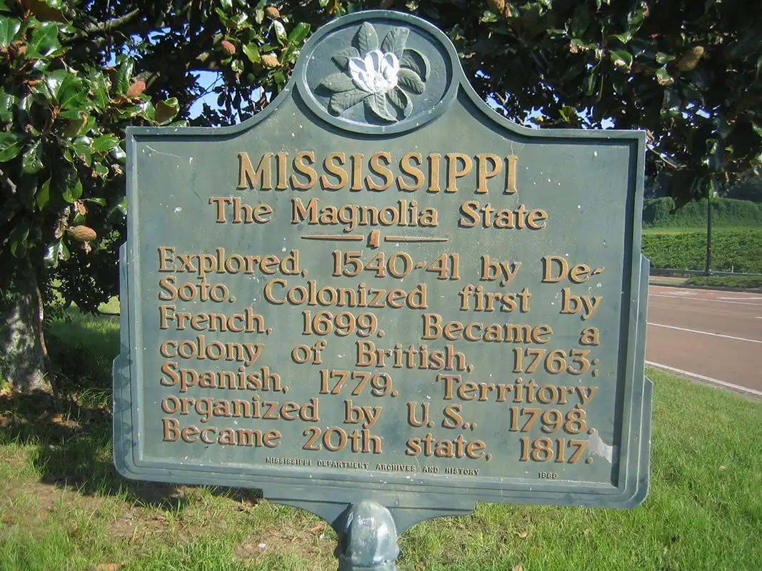 This marker, Mississippi: The Magnolia State, is on the south side of Highway 84 a few miles before the bridge over the Mississippi River.