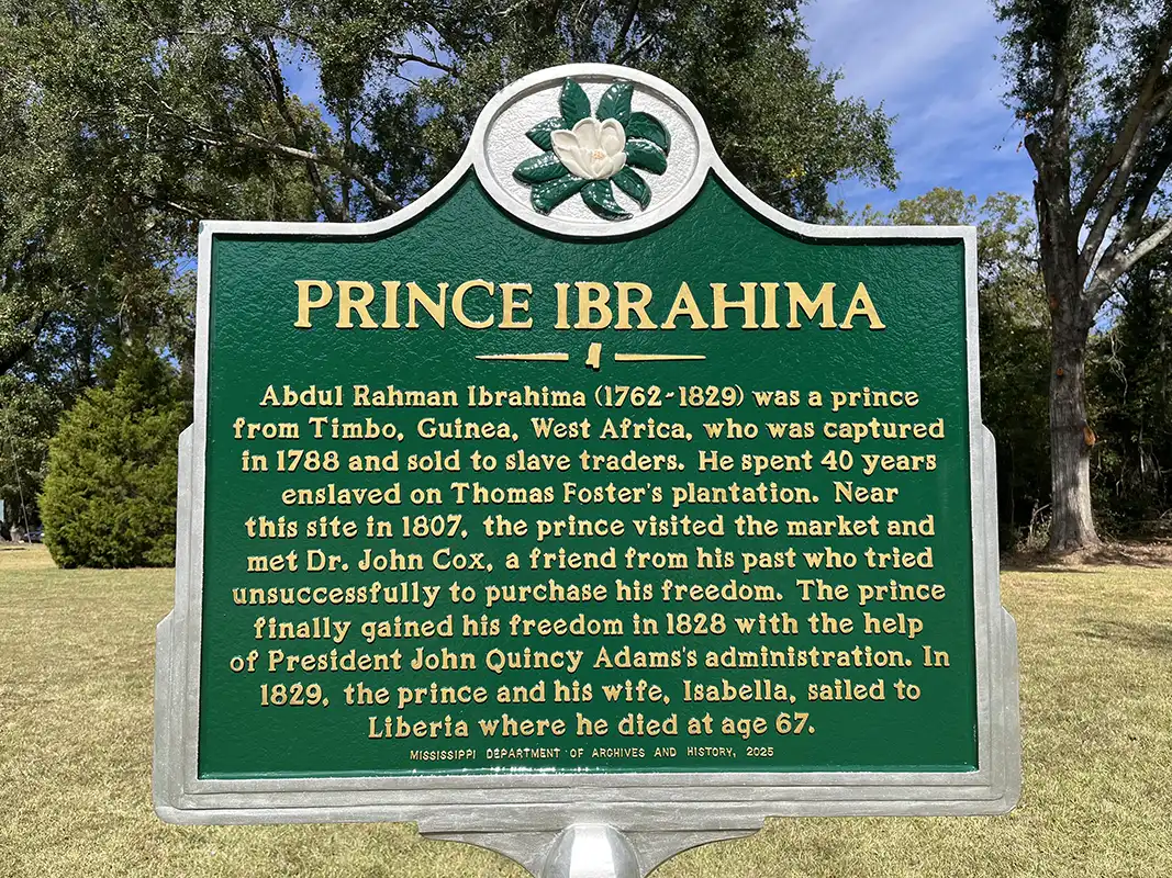 Prince Ibrahima's marker is on Highway 61 at the entrance to Historic Jefferson College.
