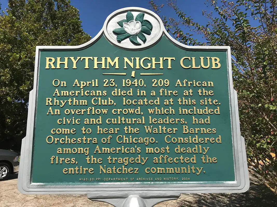 This marker, Rhythm Night Club, is on St. Catherine Street in Natchez, near Zion Chapel A.M.E Church.