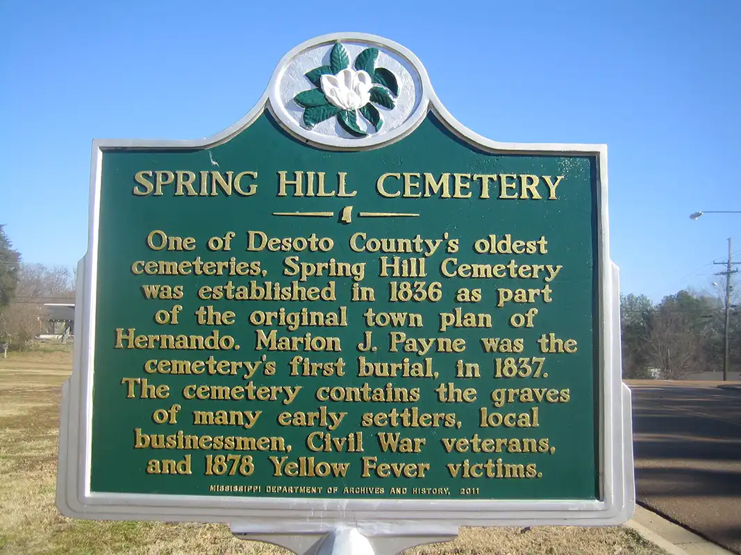 Spring Hill Cemetery is at 679 Oak Grove Road in Hernando, near intersection with Robinson Gin Road.