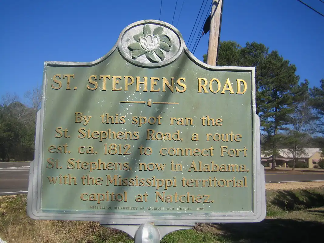 This marker for St. Stephens Road is at the corner of Highway 184 and Highway 43 South just east of Monticello.