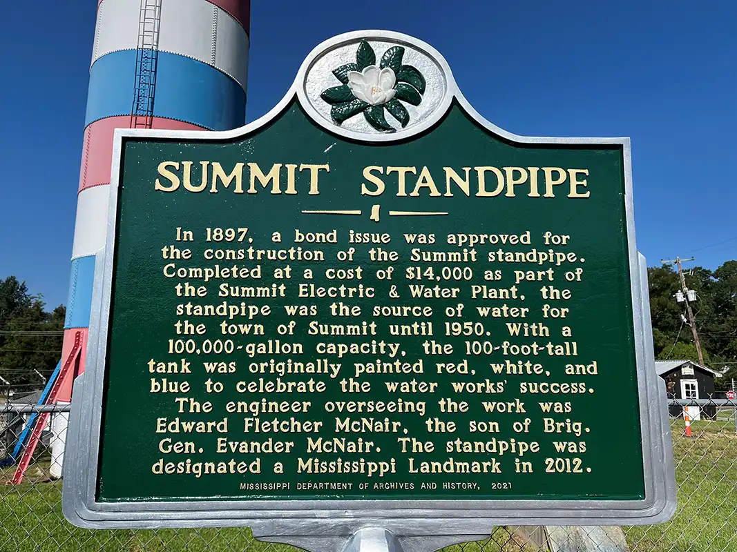 Summit Standpipe is behind the Summit Police Department at 706 W Railroad Avenue in Summit.