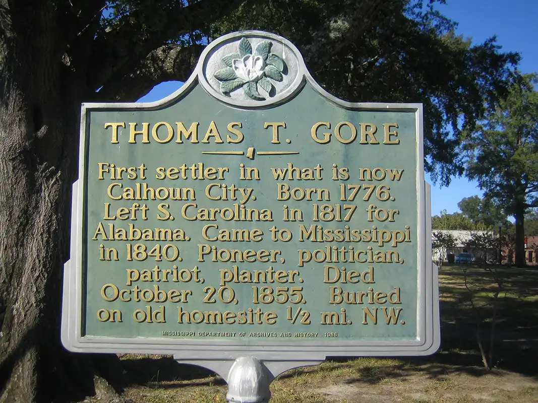 This marker for Thomas Gore is in on the square in Calhoun City.