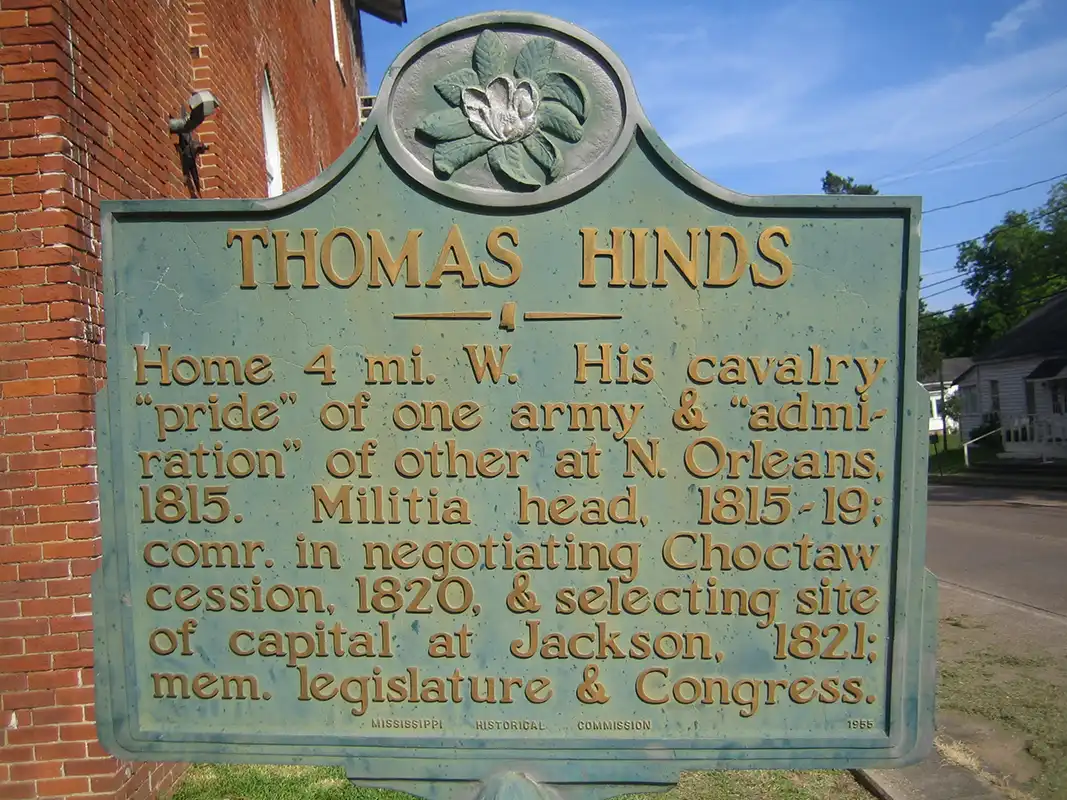 This marker for Thomas Hinds is in downtown Fayette on Medgar Evers Boulevard, about a block west of Main Street.