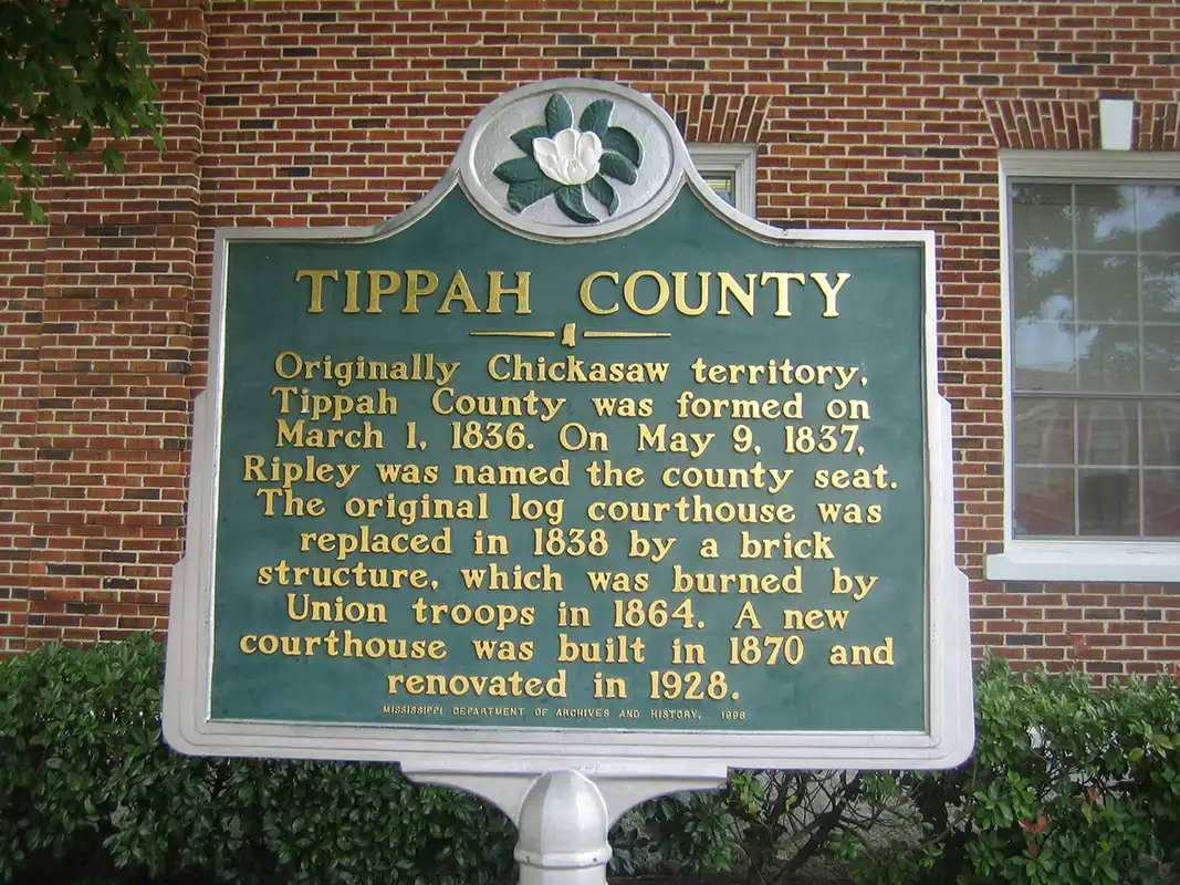 The Tippah County marker is at the courthouse in Ripley.