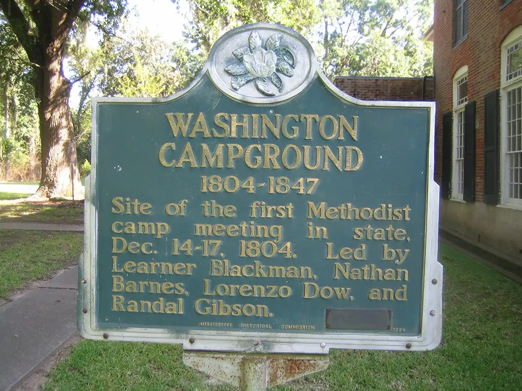 This marker for Washington Campground is across the street from Jefferson College on Highway 61 north of Natchez.
