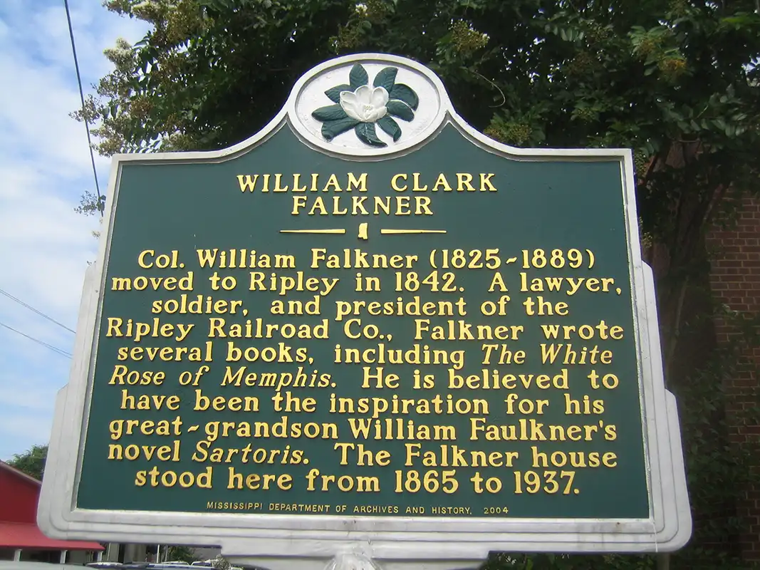 This marker for William Clark Falkner in Ripley is one block from the Tippah County Courthouse.