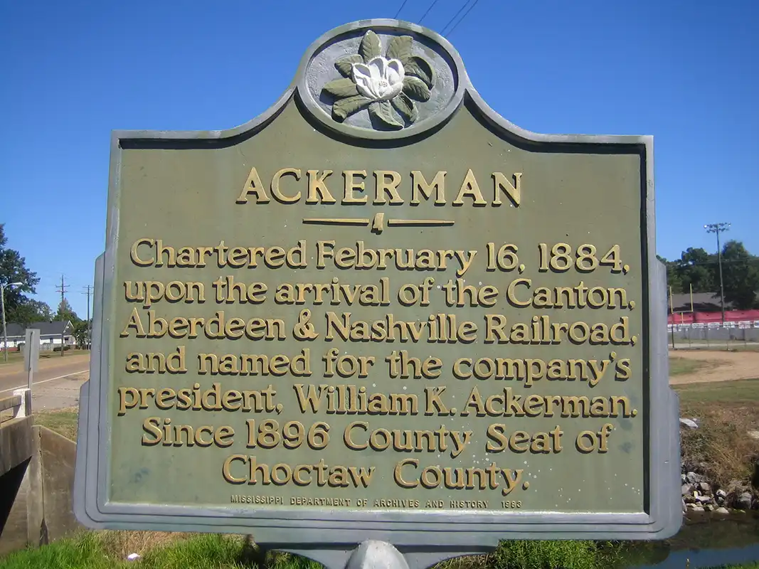 The Ackerman marker is at the intersection of Main Street and Highway 15.