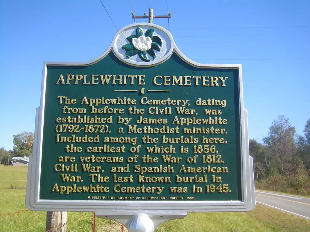 The Applewhite Cemetery marker is 5 miles northeast of Vaiden on Highway 430, at Smokey's Corner.