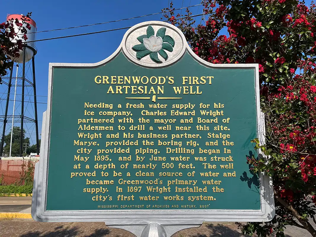 The Greenwood's First Artesian Well marker is at the corner of Fulton Street and Wright Place in downtown Greenwood.