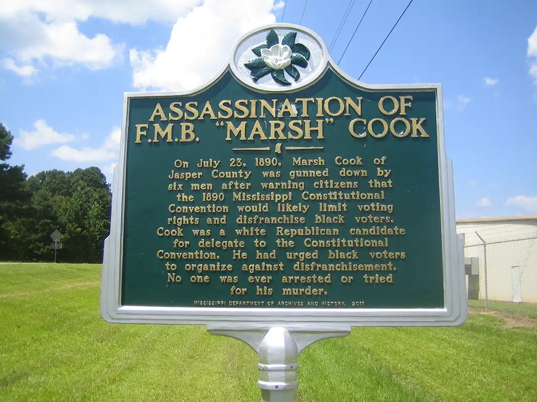 The Assassination of F.M.B. "Marsh" Cook marker is on Highway 15 just north of Bay Springs.
