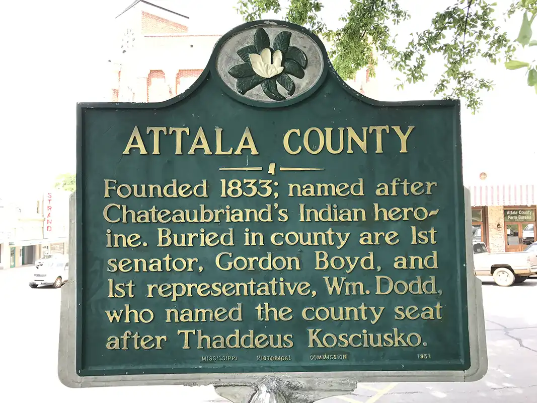 The Attala County marker is on the courthouse lawn in Kosciusko.
