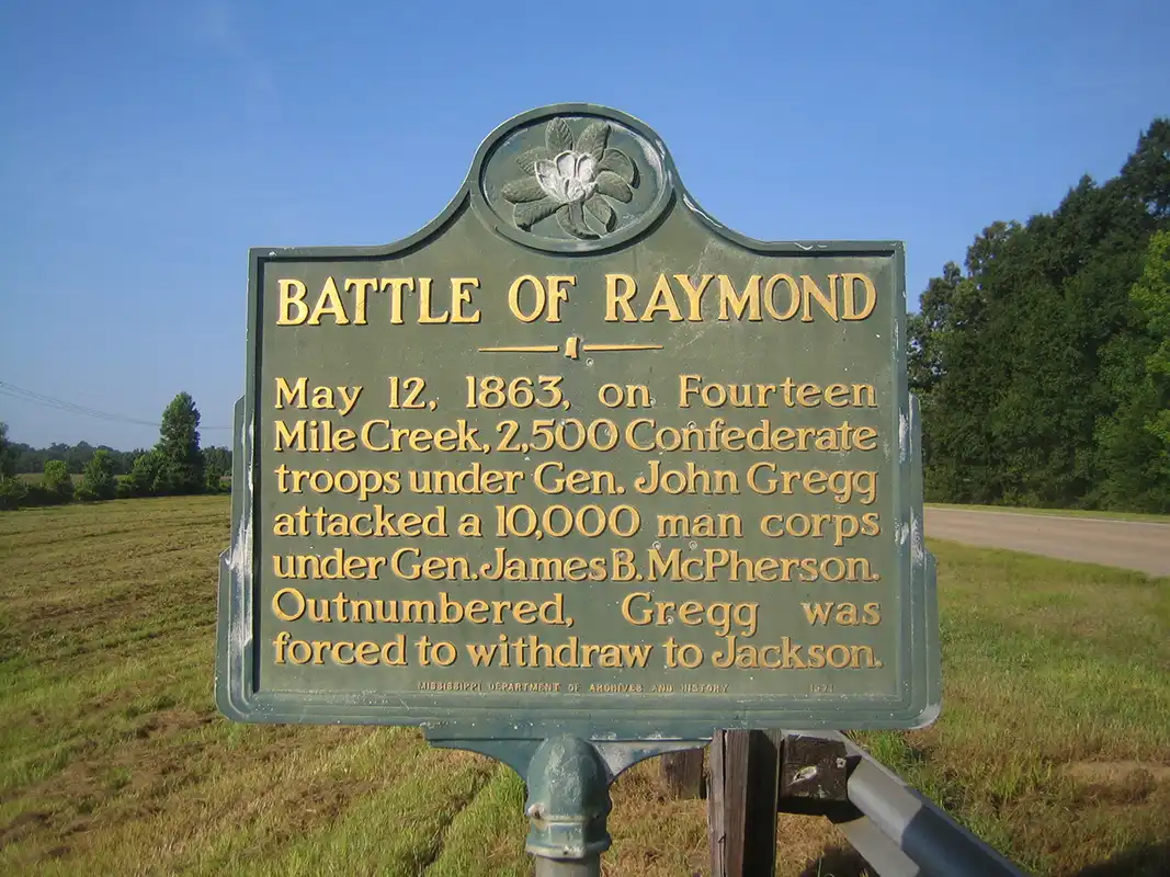 This marker for Battle of Raymond is on Highway 18 about 3 miles SW of Raymond.