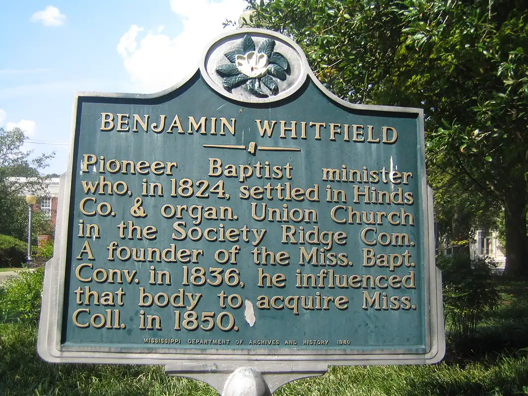 This marker for Benjamin Whitfield is on the campus of Mississippi College in Clinton.