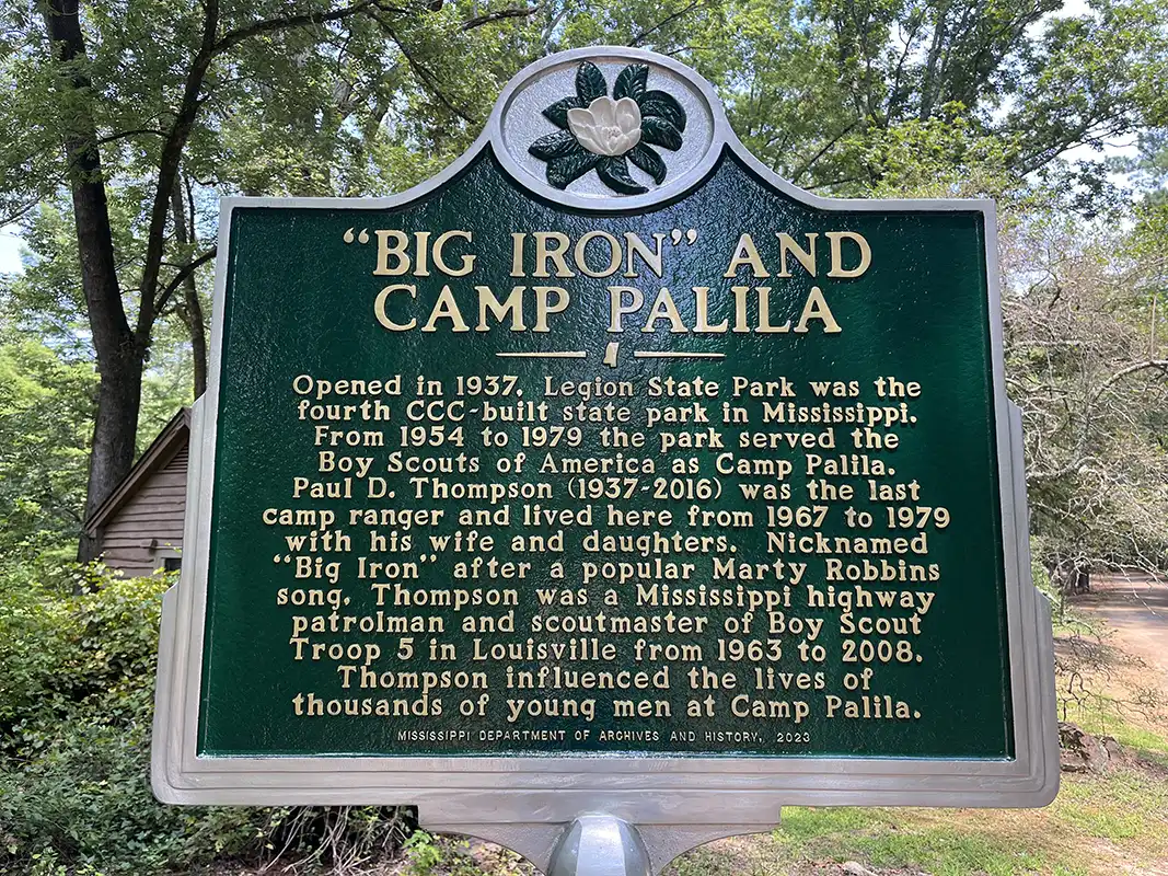 The Big Iron and Camp Palila marker is inside Legion State Park on the main road.
