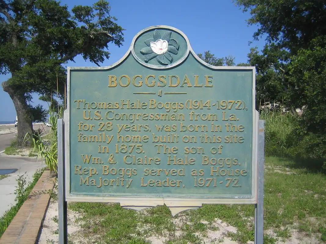 Boggsdale is at Highway 90 and Boggs Drive. Hale Boggs dies in a plane crash in Alaska in 1972. His wife Lindy Boggs replaced him in Congress to represent New Orleans. Cokie Roberts is their daughter.