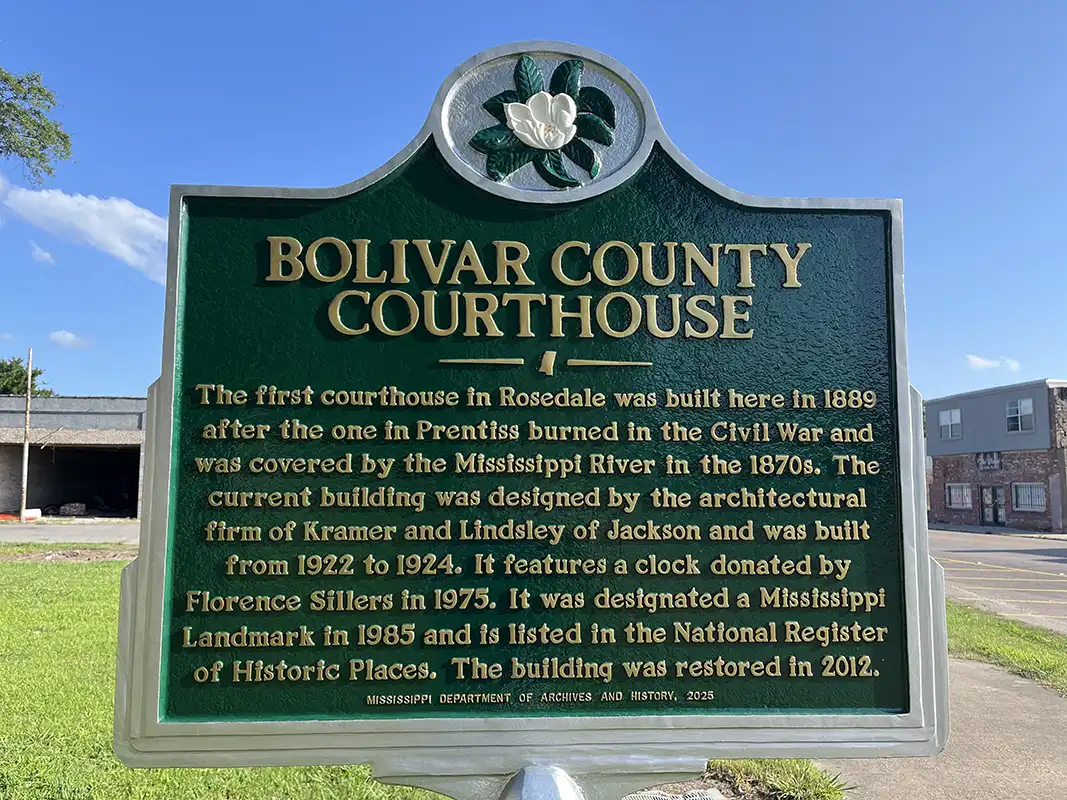 The Bolivar County Courthouse is located on Highway 1 in Rosedale.