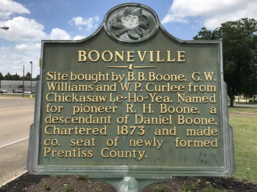This marker for Booneville is on the corner of Hwy 145 (N. Second Street) and Veterans Drive.