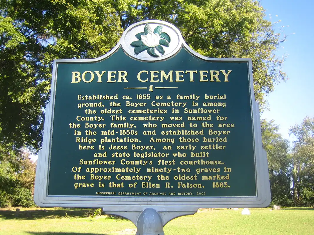 The Boyer Cemetery marker is on Boyer-Steiner Road, about 5 miles north of Indianola.