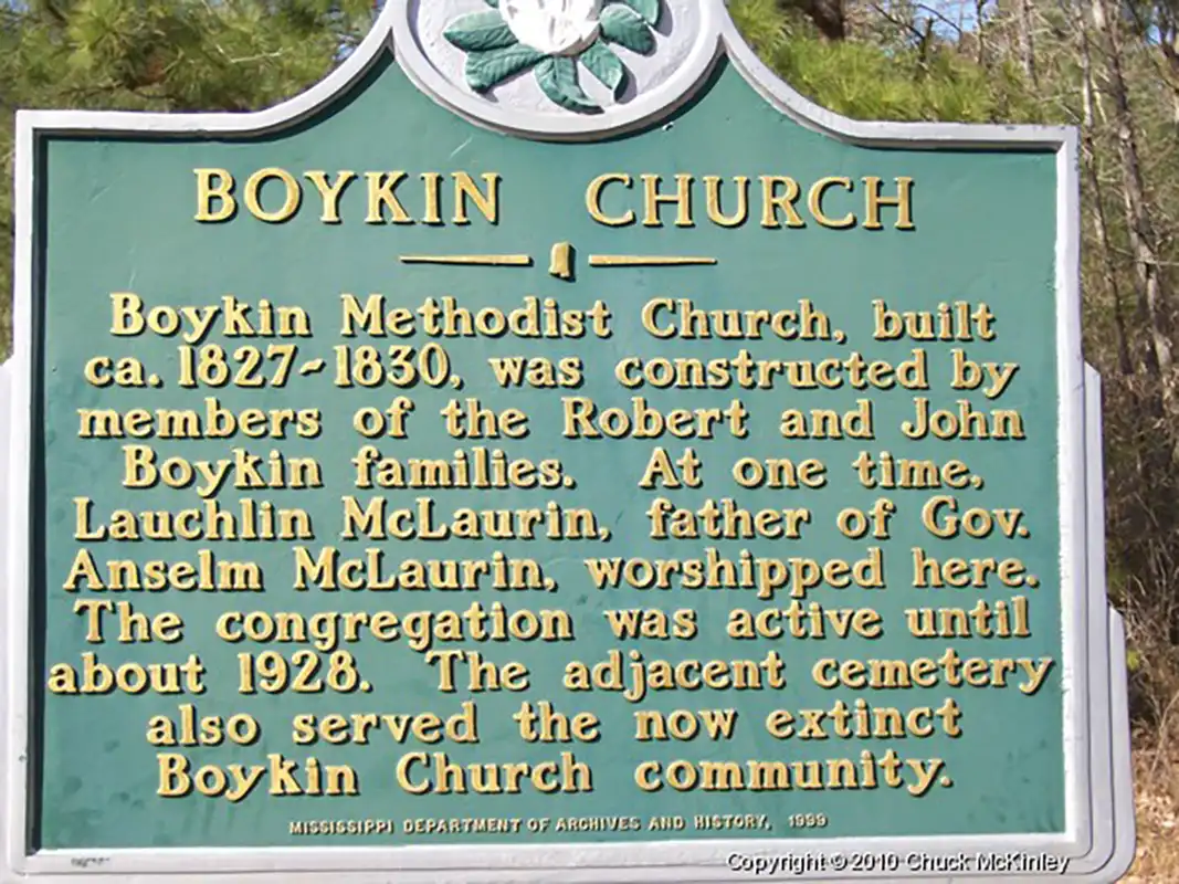 The Boykin Church marker is missing as of 2014. It was located on Boykin Church Road (the dirt road that passes oil wells) off the paved road also called Boykin Church Road near Burns.