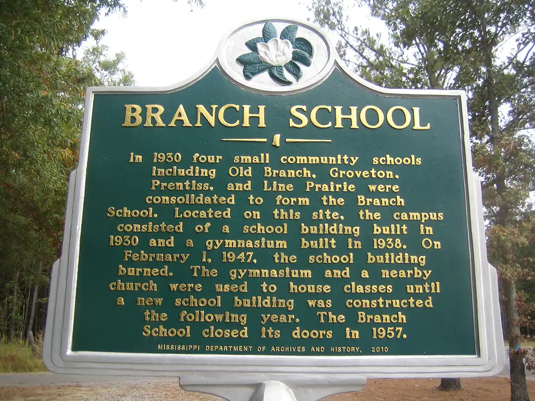 The Branch School marker is on Measels Road, at the intersection with Reeves Road, in Branch, which is about 8 miles north of Morton on Hwy 481.
