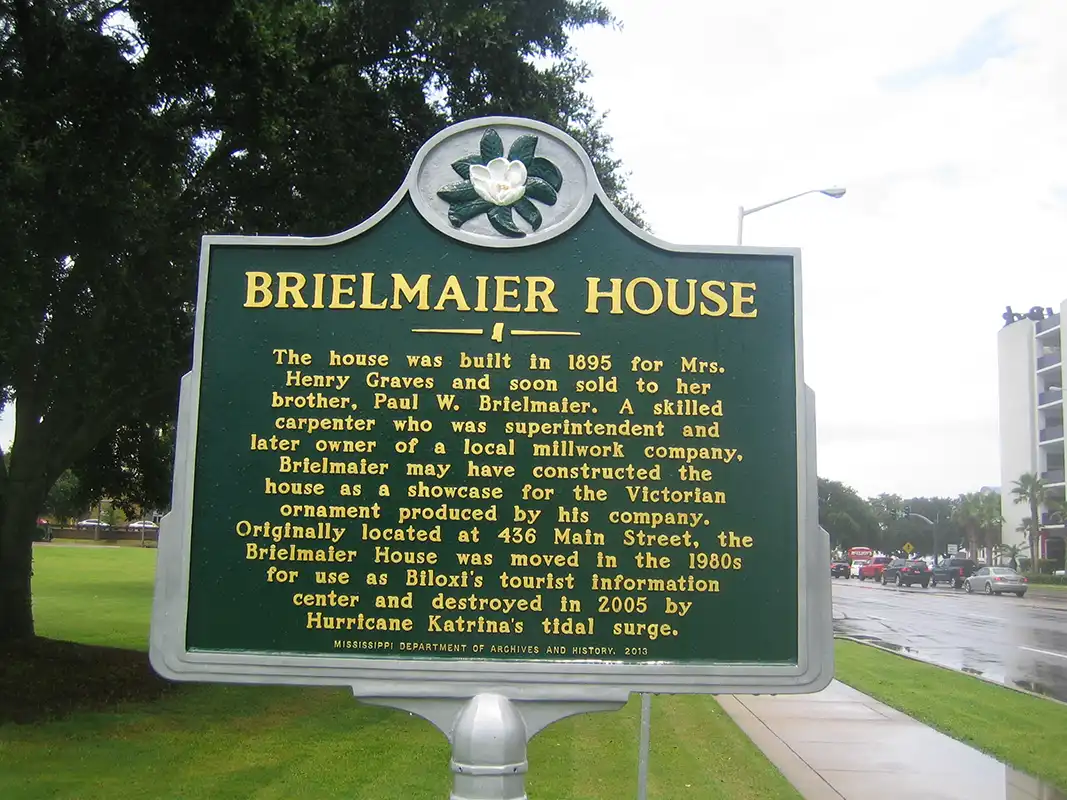 The marker for Brielmaier House is at 710 Beach Boulevard on Highway 90, near the Hard Rock Casino.