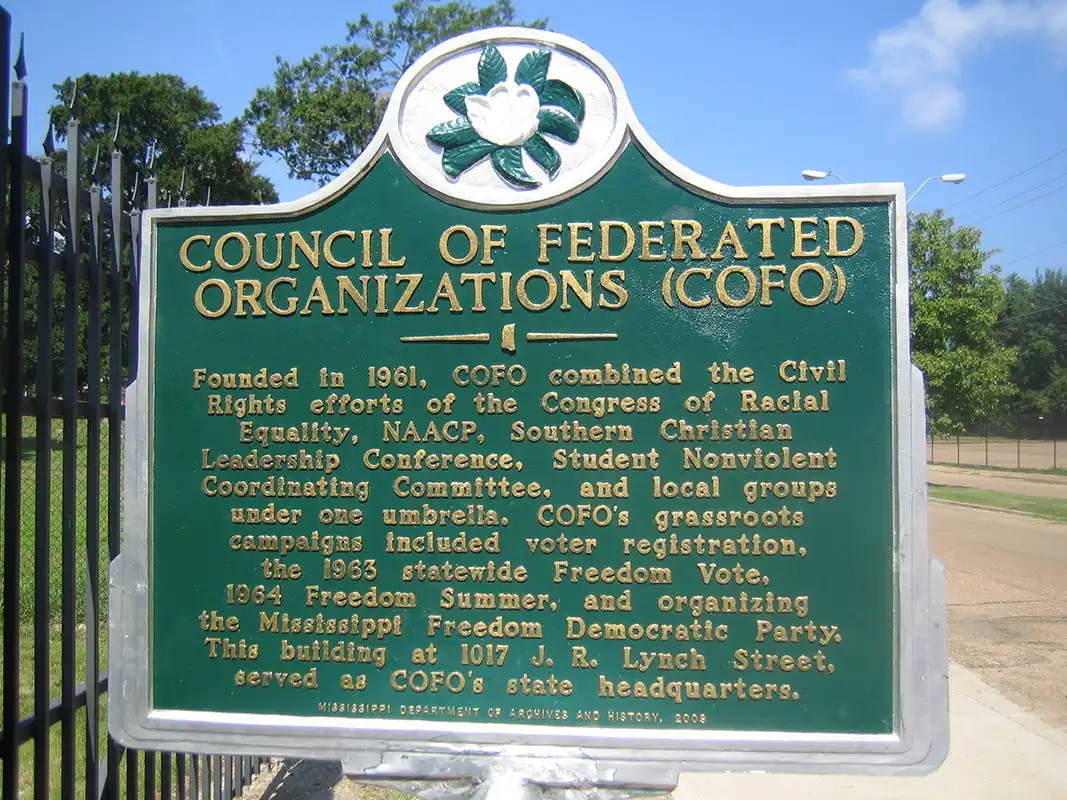 This COFO marker for Council of Federated Organizations is at 1017 J.R. Lynch Street near the Jackson State University campus.
