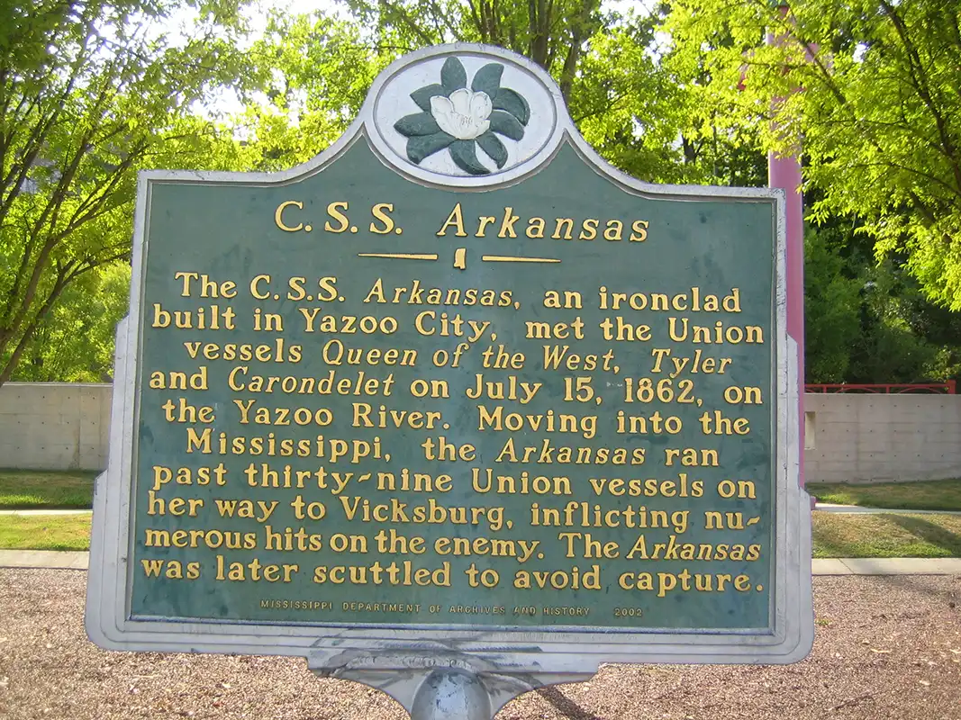 The marker for C.S.S. Arkansas is on the Vicksburg waterfront.