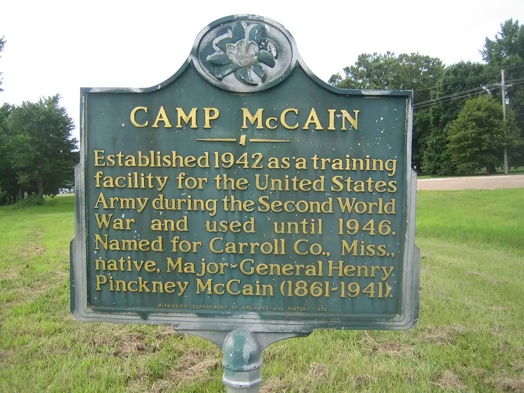 The Camp McCain marker is about 4 miles south of Grenada on Highway 51.
