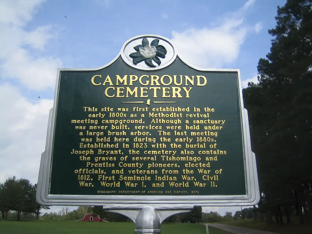 This marker for Campground Cemetery is at 247 County Road 1021 in Thrasher, about 4 miles from Booneville.