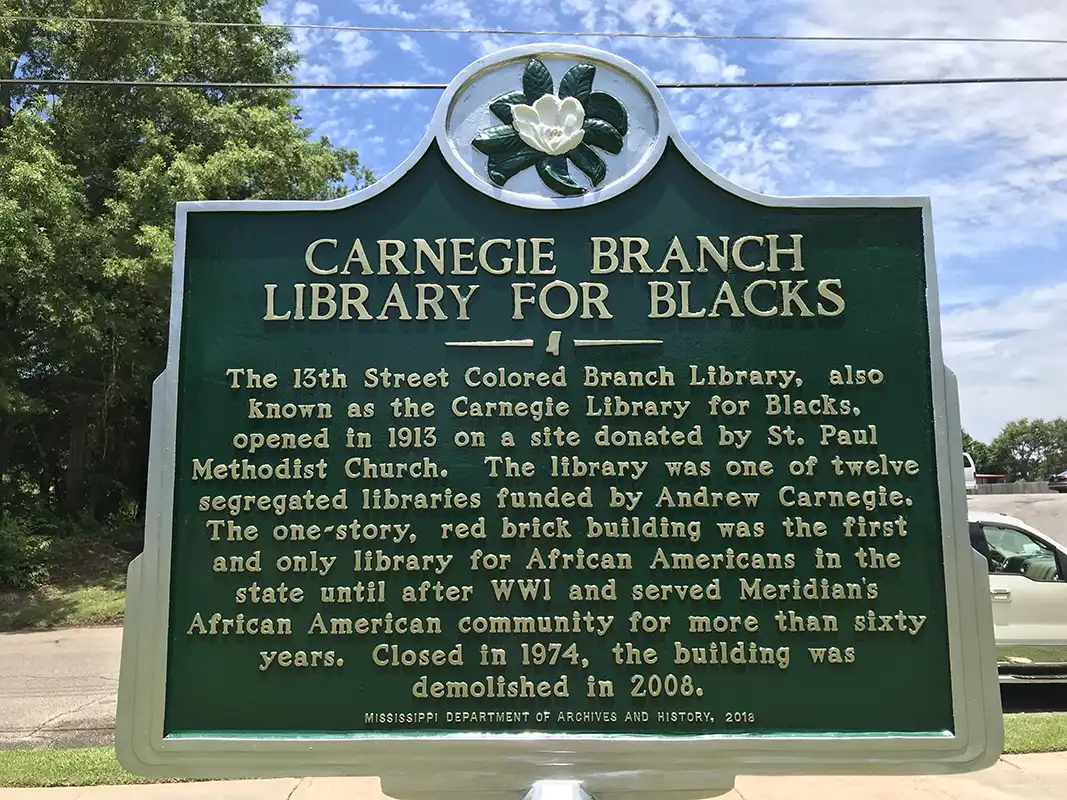 Carnegie Branch Library for Blacks is at the corner of 13th Street and 28th Avenue in Meridian.