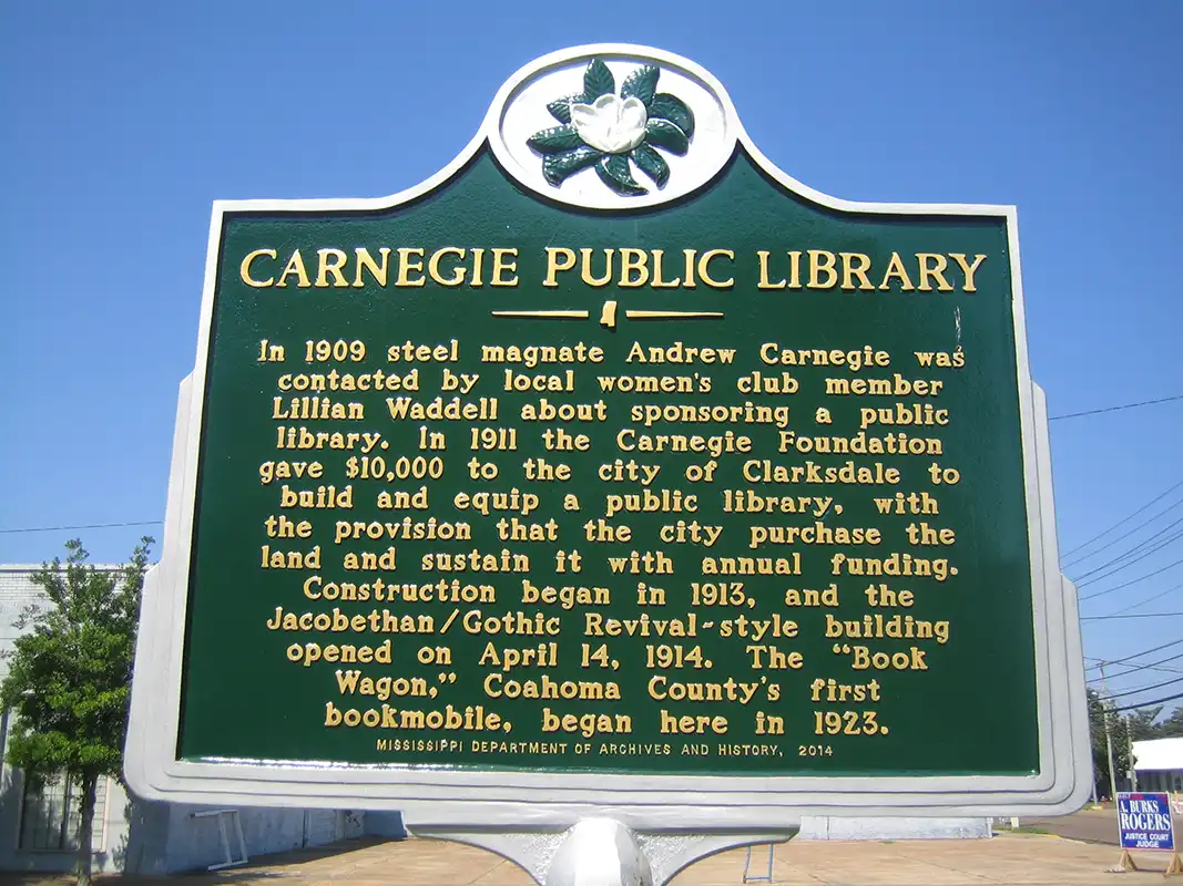The Carnegie Public Library marker is located at 114 Delta Avenue in downtown Clarksdale.