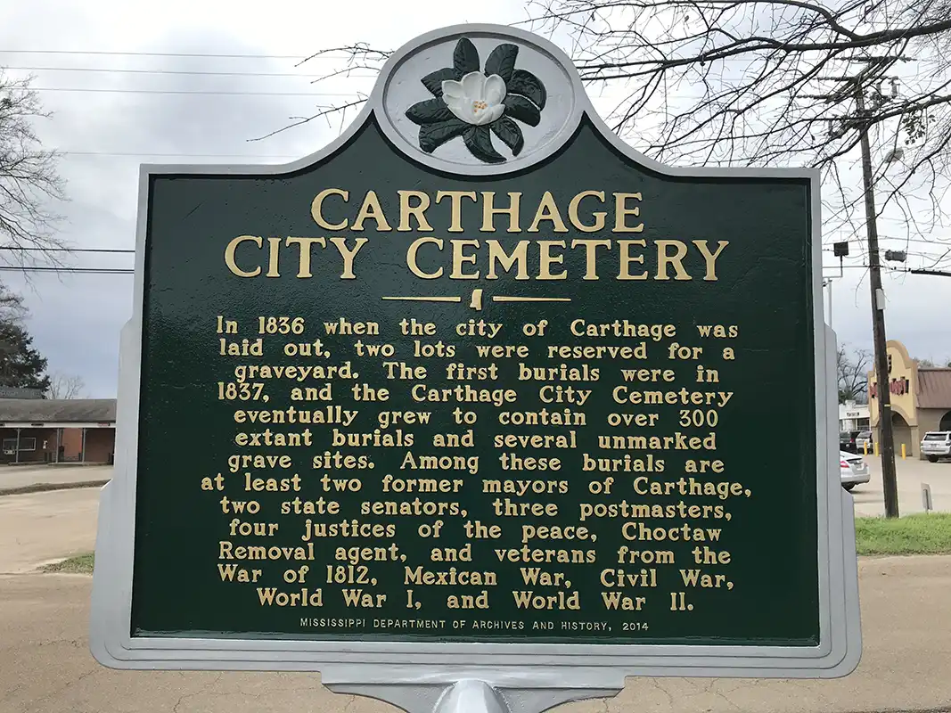 The Carthage City Cemetery marker is on S. Van Buren Street across from Piggly Wiggly.