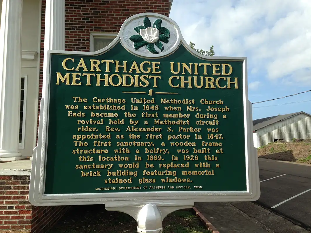 The Carthage United Methodist Church marker is located at 201 East Franklin Street in Carthage.